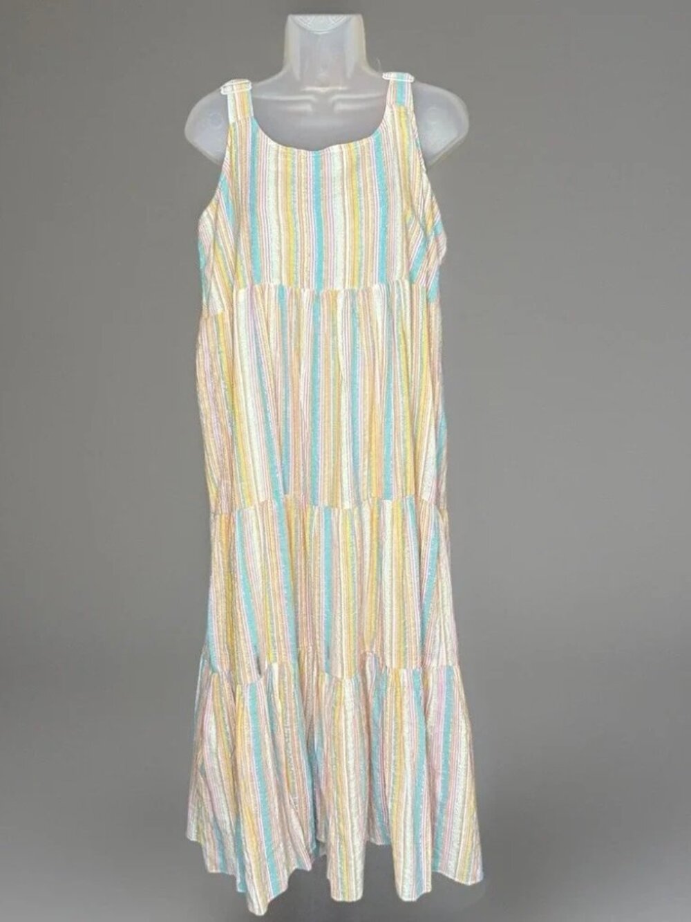 Linda Anderson Dress Women L Multicolor Sparkle Striped Tiered Maxi Boho Cottage